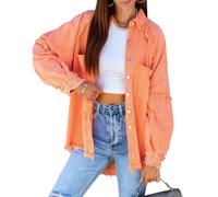 Manteaux d'hiver grandes tailles pour femmes Veste en jean oversize déchirée pour femmes Ourlet effiloché Fermeture boutonnée avec poches Orange XX Large