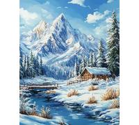 mantianhome Kit de broderie au point de croix pour adultes, paysage de montagne enneigée, cabane dans les bois, motif pré-imprimé 11CT, décoration murale pré-imprimée pour débutants -40X50CM