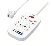 MANTO Multiprise avec 4 Prises AC 2500W/10A, 4 Ports USB Dont Quick Charge 3.0, Câble 1,5m EU, Compatible Universelle (A/B/C/E/F/G/I), Idéal Maison, Bureau, Voyage