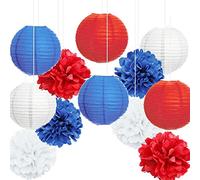 MANTOU Décorations Rouge Blanc et Bleu Lanternes en Papier et Fleurs en Tissu Pompons 12pcs 25cm