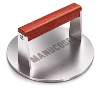 Manucode Presse Smash Burger en INOX, Manche Bois Anti-Rotation, 20,5 cm | Presse à steak haché de 1,42 kg à base plate, manche en bois stable, pour passionnés de grillades et plancha
