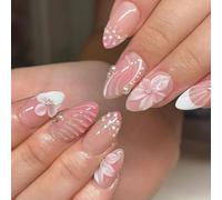 Manucure à presser en amande avec art floral 3D, pointes florales brillantes rose blanc et assortiment multi-tailles pour un amoureux, des photos de voyage et des looks habillés Manucure