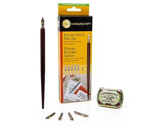 MANUSCRIPT Leonardt Ensemble de calligraphie à main ronde - 1 stylo à plume en bois, 5 pointes variées, fabriquées par des experts et une boîte à pointe vintage, ensemble de stylos de calligraphie