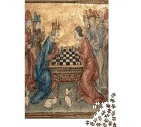 Manuscrit enluminé médiévalPuzzles 1000 Pièces pour Adultes, Jeux ÉduChatifsScène avec Deux Nobles Personnages Jouant aux échecs