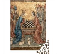 Manuscrit enluminé médiévalPuzzles 1000 Pièces pour Adultes, Jeux ÉduChatifsScène avec Deux Nobles Personnages Jouant aux échecs