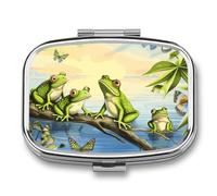 Many Frogs Sing on The Branches Summer Butterflies Lake Pilulier à eau avec miroir, pilulier de voyage en métal à 2 compartiments pour médicaments quotidiens, design compact et artistique pour P