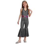 Manyakai Combinaison Brillantes Vêtements Disco Vintage Enfants Filles Pantalon Évasé Sans Manches Au Cou Costumes Soirée Disco Spectacle Sur Scène 5-10 Ans Noir 5-6 ans