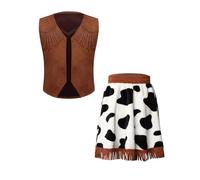 Manyakai Costume Fête Halloween Enfants fille Ensemble 2 costumes cowboy cosplay Débardeur ouvert jupe à franges daim imprimé vache Jeu de rôle carnaval 4-16 Ans Brun 5-6 ans