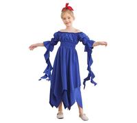 Manyakai Déguisement Renaissance Fille Robe Victoria Gothique Médiévale Manches 3/4 Hors Épaule Robe À Coupe Irrégulière Fumée 6-16 Ans Bleu royal 7-8 ans