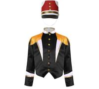 Manyakai Ensemble 2 Pcs Unisexe Enfant Uniforme Bande Batteur Manteau Manches Longues Épaules Frangées Et Chapeau Noël Halloween Carnaval Spectacle 6-16 Ans Noir Rouge 15-16 ans