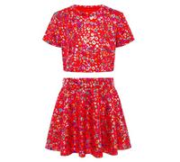 Manyakai Imprimé Bronzage Léopard Coloré Fille Enfant Manches Courtes T - Shirt à Cordon Ombilical + Jupe Courte Danse Jazz Latin Cheerleading équipe Rouge 15-16 ans