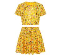 Manyakai Imprimé Bronzage Léopard Coloré Fille Enfant Manches Courtes T - Shirt à Cordon Ombilical + Jupe Courte Danse Jazz Latin Cheerleading équipe Jaune 14-15 ans