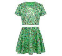 Manyakai Imprimé Bronzage Léopard Coloré Fille Enfant Manches Courtes T - Shirt à Cordon Ombilical + Jupe Courte Danse Jazz Latin Cheerleading équipe Vert 14-15 ans