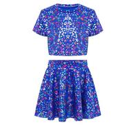 Manyakai Imprimé Bronzage Léopard Coloré Fille Enfant Manches Courtes T - Shirt à Cordon Ombilical + Jupe Courte Danse Jazz Latin Cheerleading équipe Bleu 15-16 ans
