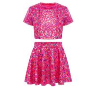 Manyakai Imprimé Bronzage Léopard Coloré Fille Enfant Manches Courtes T - Shirt à Cordon Ombilical + Jupe Courte Danse Jazz Latin Cheerleading équipe Rose vif 14-15 ans