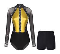 Manyakai Justaucorps Gymnastique Femme Adulte Strass avec Short Ensemble Danse Gym Ballet Patinage Strass Costume Spectacle Or S