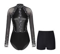 Manyakai Justaucorps Gymnastique Femme Adulte Strass avec Short Ensemble Danse Gym Ballet Patinage Strass Costume Spectacle Noir XL