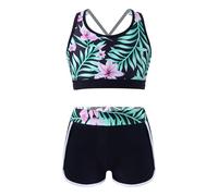 Manyakai Maillot de Bain Deux Pièces Fille Eté Shorty Crop Top Short Bas de Maillot Bikini Ensemble Sport Plage 5-16 Ans A Lys Noir 9-10 Ans