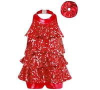 Manyakai Paillettes brillantes Enfant Fille Bretelles Combinaison courte Ballet Costume de danse latine Jazz moderne Avec anneau de cheveux Rouge 5-6 ans