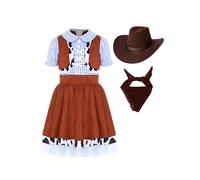 Manyakai Robe De Fille Ranch Ensemble Denim Western Pour Fille Enfant Denim Chapeau Triangle Serviette Costumes Carnaval Halloween 5-16 Ans Bleu 13-14 ans