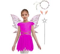 Manyakai Robe Strass Brillant Papillon Ailes Elfe Oreilles Fée Bâton Set 5 Costumes Fée Filles Enfants Costumes D'halloween Carnaval Noël Soirée Thème Makeup Ball 5-16 Ans Rose 11-12 ans