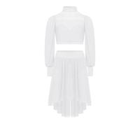 Manyakai Strass brillant Costumes de danse lyrique Creux du dos Enfant Fille Col haut Maille de perspective Manches longues Haut court Jupe courte Blanc 7-8 ans