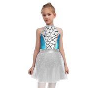 Manyakai Vêtements Style Alien Robes Fille Paillettes Brillantes Sans Manches Culotte Intégrée Robe Pompon En Maille Fermeture à Glissière Invisible Argenté 11-12 ans