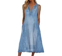 MANYMANY Robe en Jean Femme Bleu Col V sans Manches Longue Robe en Jean Longueur Genou