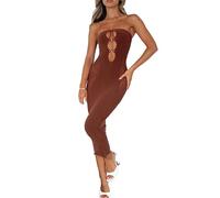 MANYMANY Robe Longue Moulante en Maille, épaules dénudées, Patchwork, Slim, Transparente, Transparente, ajourée, Longue Robe de soirée