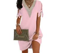 MANYMANY Robe mi-Longue décontractée d'été pour Femme en Dentelle col en V avec nœud Papillon Robe Ample T-Shirts Robes
