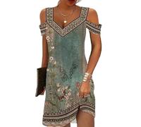 MANYMANY T-Shirt d'été Robes pour Femmes épaules dénudées à Manches Courtes imprimé Fleuri Mini Robe Boho Robe Fluide