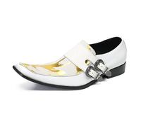 MANYUBEI Chaussures De Ville pour Homme, Mocassins Imprimés À Coutures Blanches Grande Taille Boucle en Cuir Véritable Chaussures De Costume Décontractées À Bout Carré, 44 EU,White