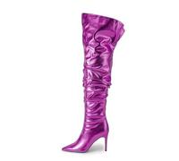 MANYUBEI Cuissardes pour Femmes, Bottes Cuissardes Plissées À Enfiler Talons Aiguilles Grande Taille Bout Pointu, 10 Cm/3,93 Pouces Purple,36 EU
