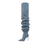 MANYUBEI Cuissardes pour Femmes, Bottes en Jean Plissées Cuissardes Hautes Talon Aiguille Bottes Longues À Bout Pointu Grand Tube, 10 Cm/3,93 Pouces,35 EU,Blue