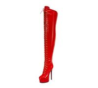 MANYUBEI Cuissardes pour Femmes, Bottes Longues À Lacets sur Le Devant Cuissardes À Plateforme Haute Talon Aiguille Grande Taille Bout Rond Fermeture Éclair Latérale, 15 Cm/5,90 Pouces, 42 EU, Red