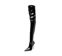 MANYUBEI Cuissardes pour Femmes, Cuir Verni Stretch Grande Taille Cuissardes Talon Aiguille Fermeture Éclair Latérale Bout Pointu Bottes Longues, Bottes Minceur,12 Cm/4,72 Pouces, 45 EU,Black