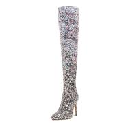 MANYUBEI Cuissardes pour Femmes, Cuissardes À Paillettes Dégradées Talon Aiguille Bout Pointu Bottes Longues À Fermeture Éclair Latérale Bottes d'automne Et d'hiver, 11 CM / 4,33 Pouces, 38 EU,Silver