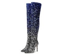MANYUBEI Cuissardes pour Femmes, Cuissardes À Paillettes Dégradées Talon Aiguille Bout Pointu Bottes Longues À Fermeture Éclair Latérale Bottes d'automne Et d'hiver, 11 CM / 4,33 Pouces, 40 EU,Blue