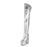 MANYUBEI Cuissardes pour Femmes Cuissardes Argentées À Talon Bloc Haut Plate Forme Grande Taille Bout Rond Fermeture Éclair Latérale Bottes Longues 14 Cm / 5,51 Pouces, 39 EU,Silver