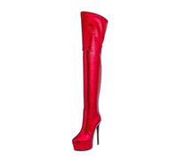 MANYUBEI Cuissardes pour Femmes, Dames Cuisses Hautes Plateforme Talon De Grande Taille, Talons De Grande Taille Bottes Longues À Fermeture Éclair, 15 Cm / 5,90 Pouces Red, 40 EU