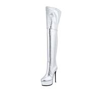 MANYUBEI Cuissardes pour Femmes, Dames Cuisses Hautes Plateforme Talon De Grande Taille, Talons De Grande Taille Bottes Longues À Fermeture Éclair, 15 Cm / 5,90 Pouces Silver, 42 EU