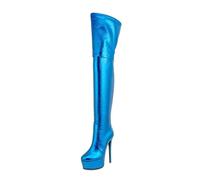 MANYUBEI Cuissardes pour Femmes, Dames Cuisses Hautes Plateforme Talon De Grande Taille, Talons De Grande Taille Bottes Longues À Fermeture Éclair, 15 Cm / 5,90 PoucesBlue, 43 EU