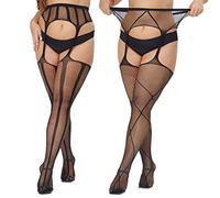 Manzi Lot de 2 paires de collants porte-jarretelles en dentelle pour femme - Taille plus - Bas mi-cuisses en résille sexy, Taille unique