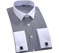MAOAEAD Chemise à manches longues pour homme avec poignets français classiques à rayures, chemise de ville à poche plaquée unique, chemises d’affaires coupe standard