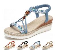 MAOAEAD Sandales compensées bohèmes pour femme - Espadrilles orthopédiques - Large largeur - Confortables - Bout ouvert - Sangle élastique à la cheville - Chaussures de plage habillées, bleu, 37 EU