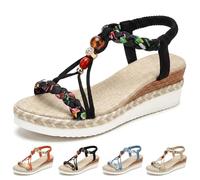 MAOAEAD Sandales compensées bohèmes pour femme - Espadrilles orthopédiques - Large largeur - Confortables - Bout ouvert - Sangle élastique à la cheville - Chaussures de plage habillées, Noir , 36.5 EU
