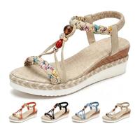 MAOAEAD Sandales compensées bohèmes pour femme - Espadrilles orthopédiques - Large largeur - Confortables - Bout ouvert - Sangle élastique à la cheville - Chaussures de plage habillées, beige, 36.5 EU