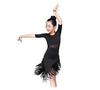 MAOTN Costumes de Danse Latine pour Enfants, Robe d'entraînement de compétition Latine à Manches Courtes pour Filles, Jupe à Franges de tempérament élégante, Respirante,Black,120cm