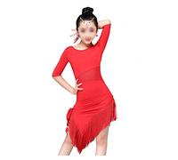 MAOTN Costumes de Danse Latine pour Enfants, Robe d'entraînement de compétition Latine à Manches Courtes pour Filles, Jupe à Franges de tempérament élégante, Respirante,Red,160cm