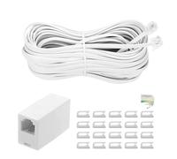 MAOZHOU Câble téléphonique, 10 m RJ11 6P4C mâle + coupleur modulaire RJ11 + 20 clips de câble, câble plat RJ11 vers RJ11 mâle pour modem, routeur, téléphone, fax, RNIS DSL, VDSL, VDSL, VDSL, Blanc